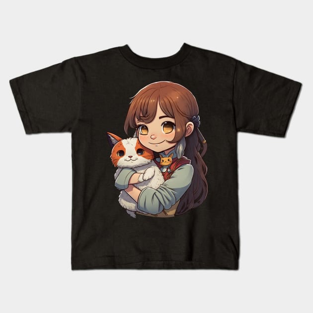 Cat & Girl Kawaii Anime Cute Cat Lover Kids T-Shirt by Ai Wanderer